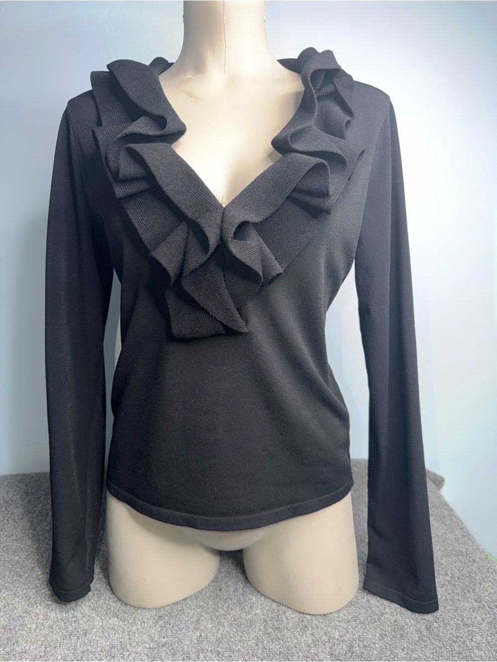 Valentino Black Ruffle V-Neck Long Sleeve Top